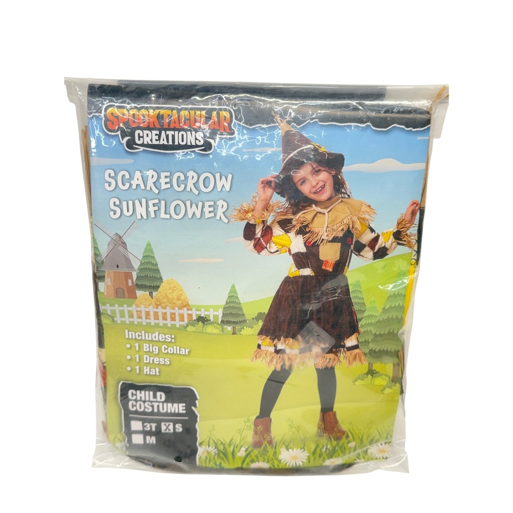 Spooktacular Creations Scarecrow Sunflower Costume Child Small 3pc Dress Hat Set